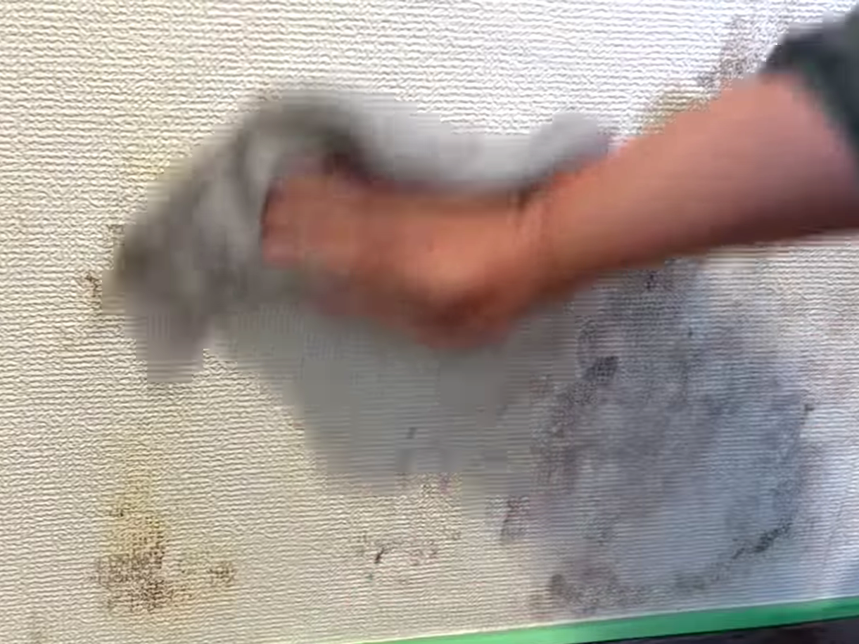 カビがはえた壁紙を掃除する男性
