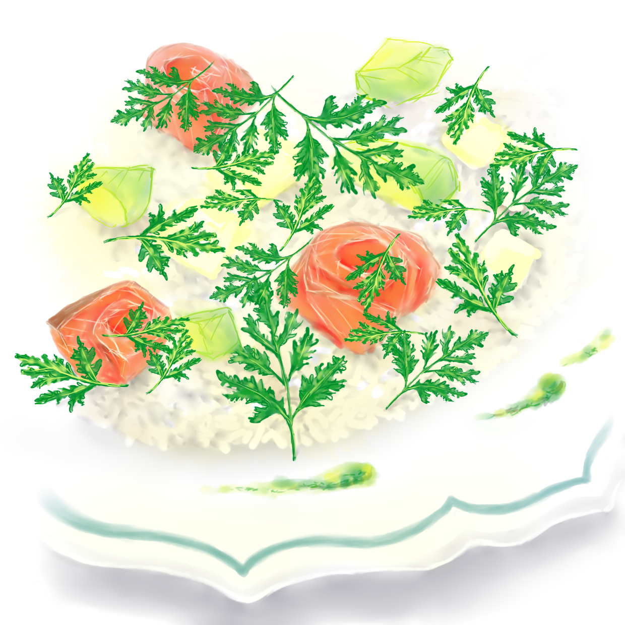 サーモンとアボカドの具にチャービルの葉を散らし、洋皿に盛りつけたハーブちらし寿司のイラスト。