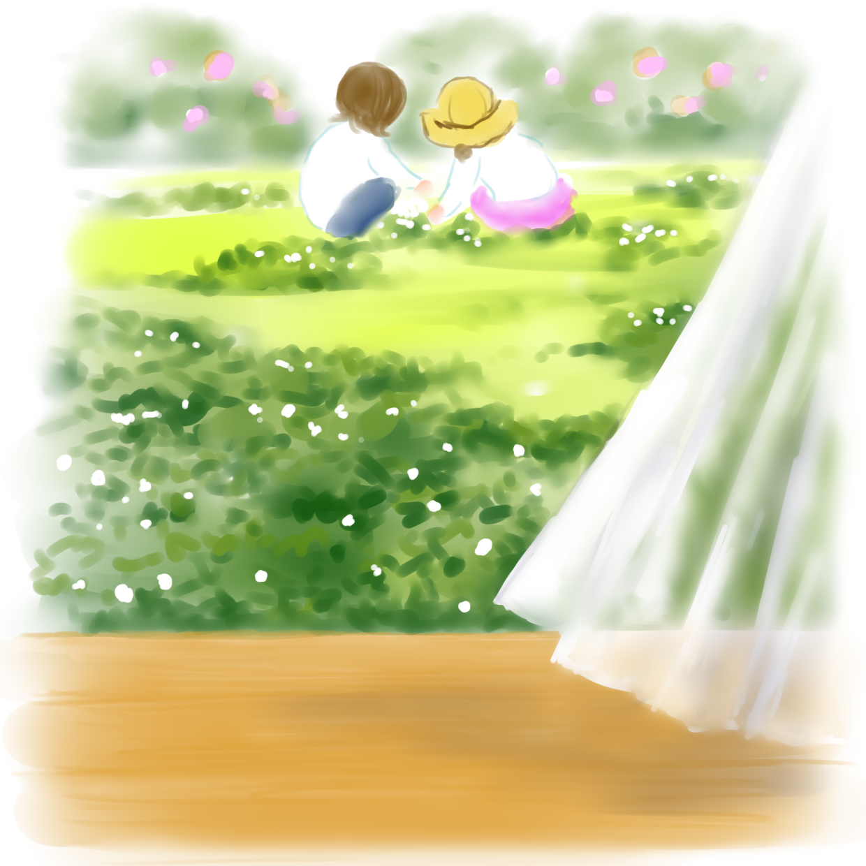 芝生の庭で遊ぶ結衣と優亜
