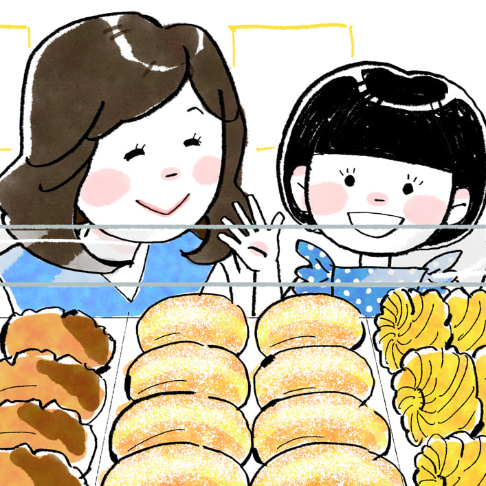  ドーナツ店で母とドーナツを選ぶ幼い私 