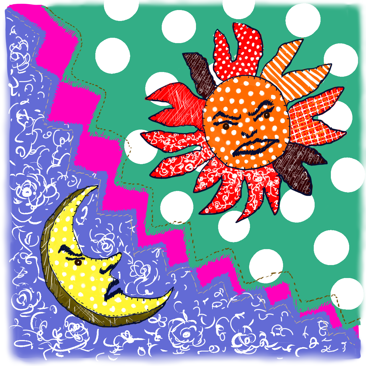  カラフルな布で表現された布絵本の一ページ。亀裂のようなギザギザに分断され、言い争っている太陽と月。 