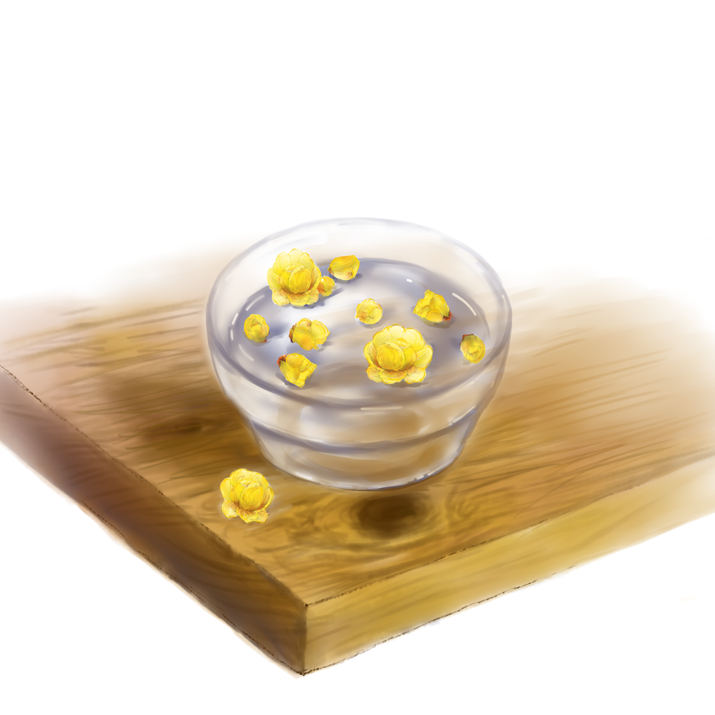 千佳子の家のキッチンカウンターに置かれたガラスの器に蝋梅の黄色い花が浮かべられている。