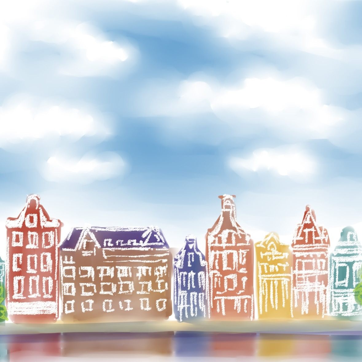 アムステルダムの野間さんのアパートから見た街並み。運河の向こうのレンガ造りの街並みの上に大きな空が広がっている。