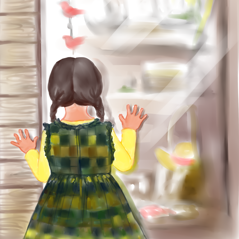  ショーウインドウから店内を見ている優亜の後ろ姿。お下げの髪を左右に垂らし、佐藤千佳子の娘・文香のお下がりのチェックのワンピースを着ている。中に着ている玉子色の長袖シャツは天使の羽をつけたときに着ていた 