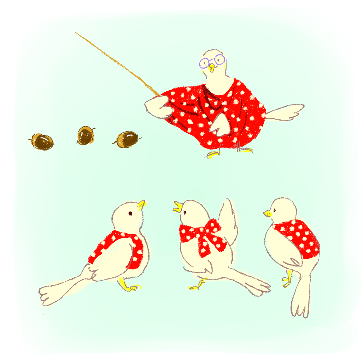  優亜が作るおはなしを聞いた直美の頭の中で膨らんだイメージ。水玉模様の衣装を着た鳥たち。マダムさんがモデルの鳥はメガネをかけ、波紋のようなドレープのあるゆったりした服を着ている。 