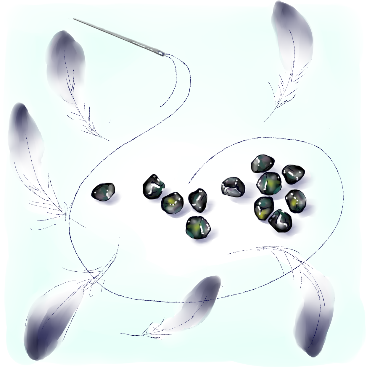  艶々と黒く輝く胆石の粒を、針に通した黒い刺繍糸が囲む。糸の周りに麻希がイメージを膨らませたカラスのような羽が舞う。 