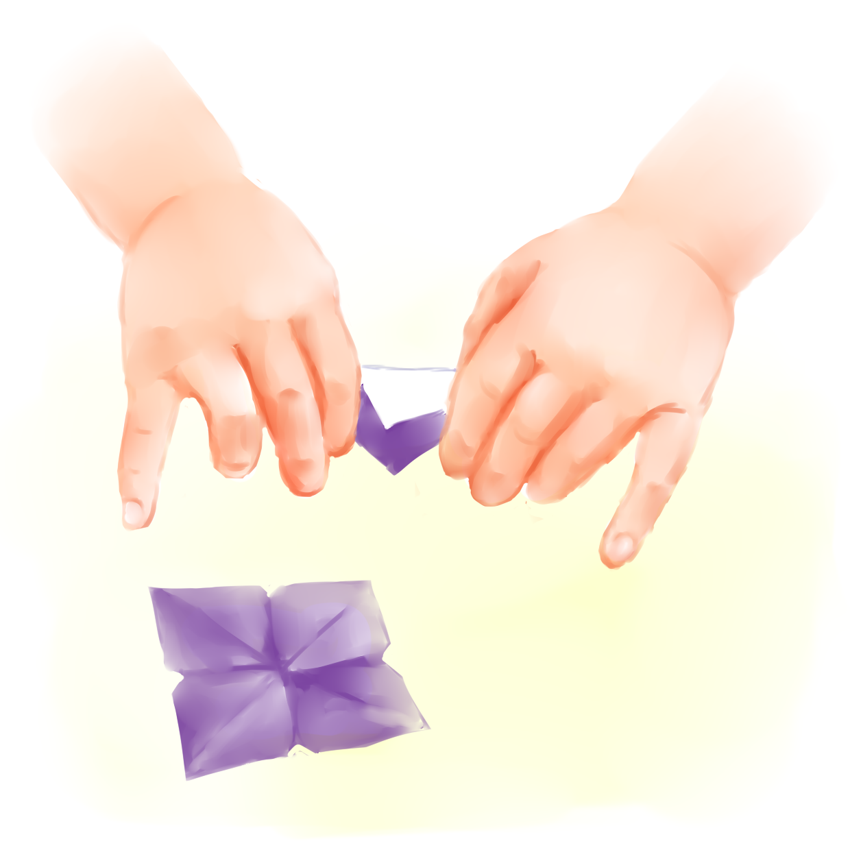  紫色の折り紙で紫陽花を折る優亜の手元。 