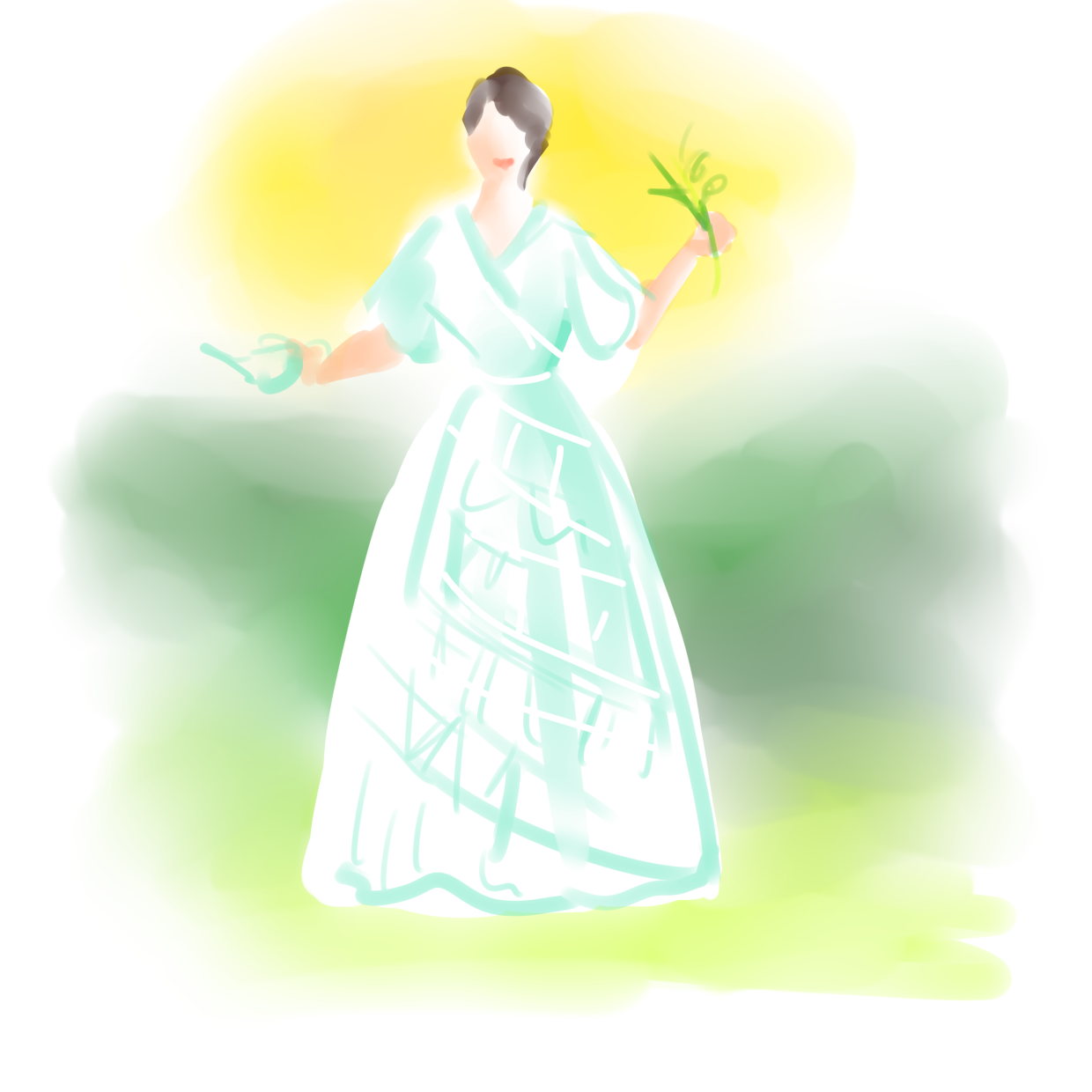 麻希が描いたハーブのマイさんのドレスのイメージ図。白いドレスのスカート部分がウォールポケットのような透明ポケットになっており、ドレスを彩るハーブを待っている。 