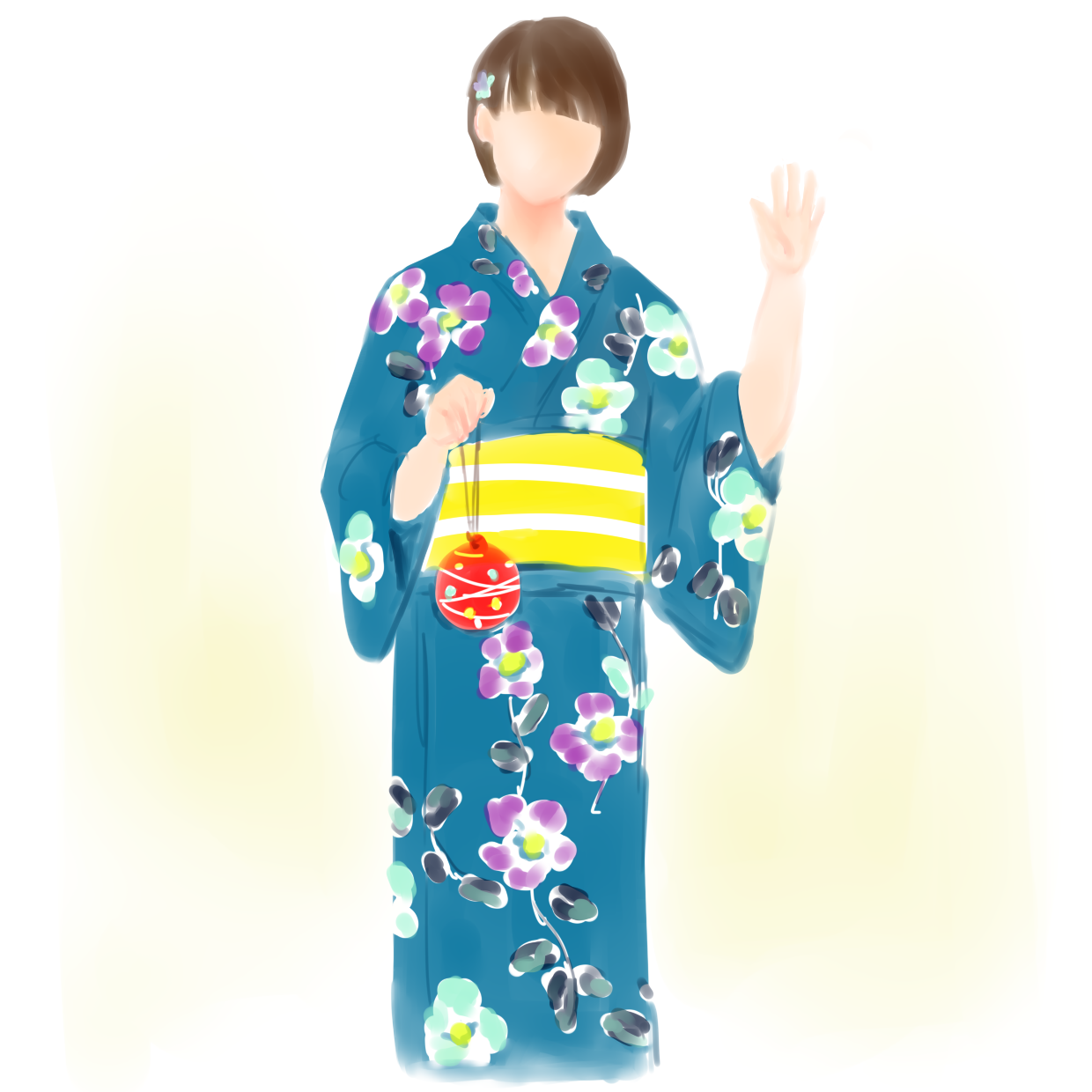  紺色の地に花の模様の浴衣姿の文香。帯は黄色。手にはヨーヨーすくいの赤いヨーヨー。 