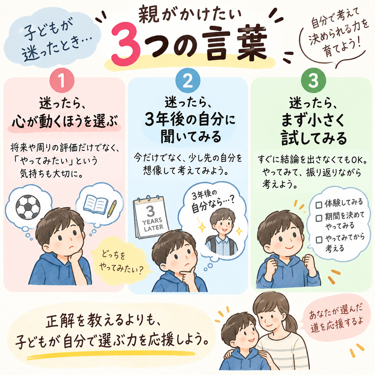 「正解を探す力」より「自分で選ぶ力」を育む【親から子どもへの問いかけ】※AIで作成