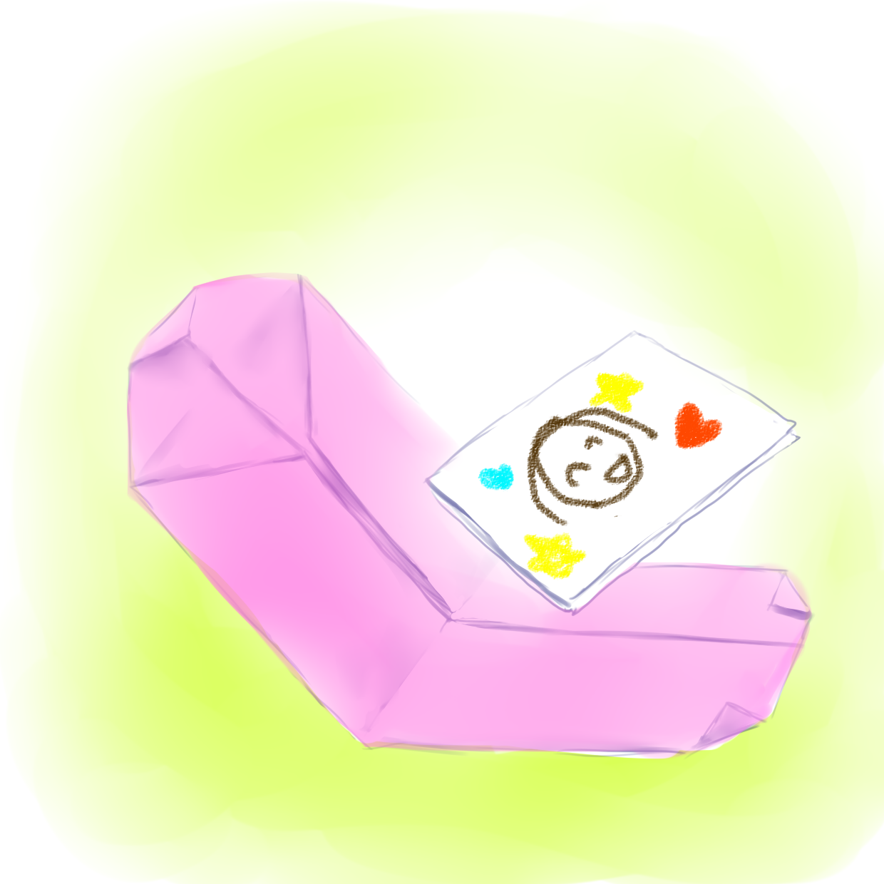 優亜が折り紙で折ったお守りと手描きの似顔絵。 