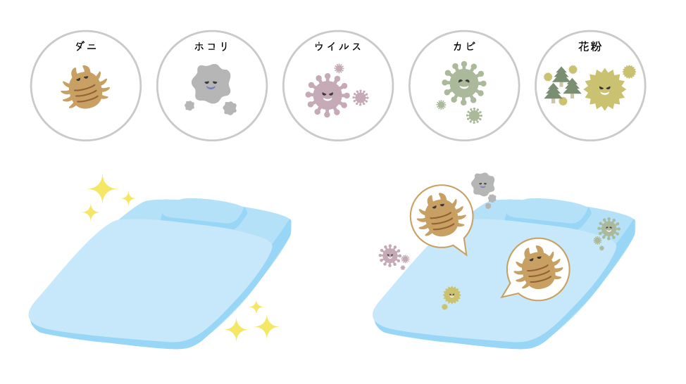 布団にはダニの繁殖の元になる汚れが蓄積しています