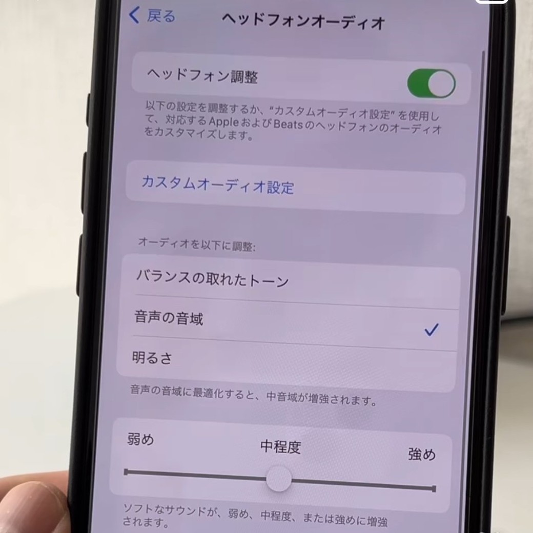 ヘッドホン調整をオンにし、「音声の音域」を選択