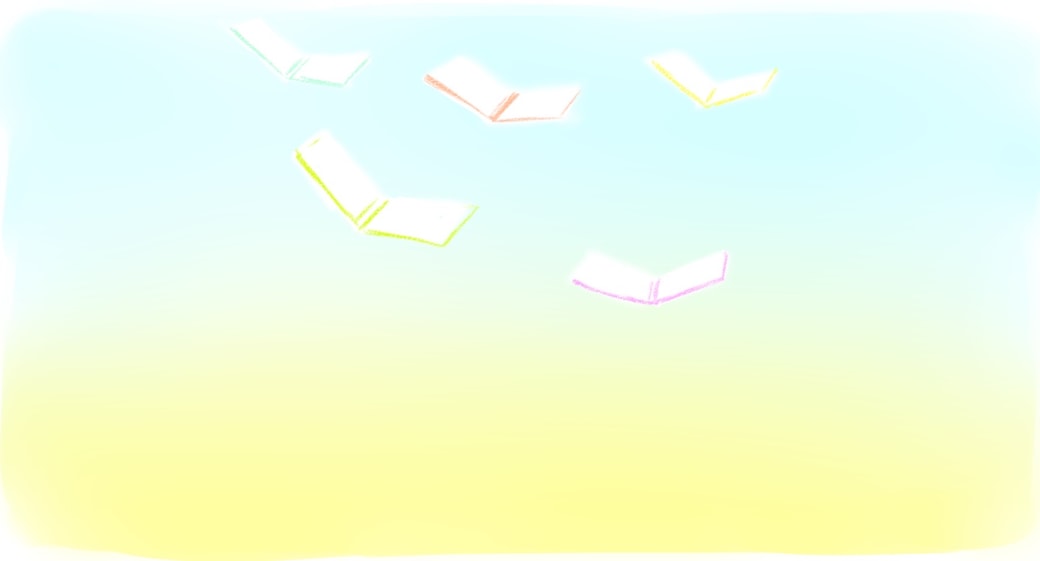 羽を広げた鳥のように羽ばたく本たち