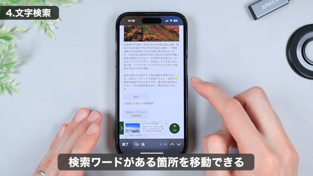 検索バーの右側にある上下の矢印をタップすると、検索ワードに移動できる