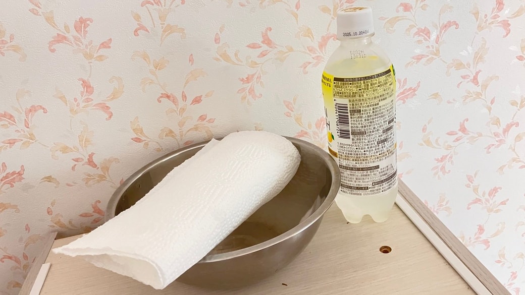 炭酸水とキッチンペーパーとボウル