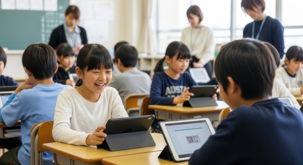 タブレット学習する小学生