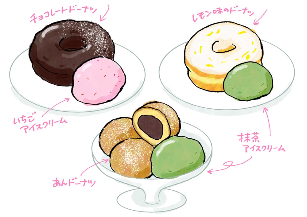 ドーナツとアイスの組み合わせ。いちごアイスや抹茶アイスを使う