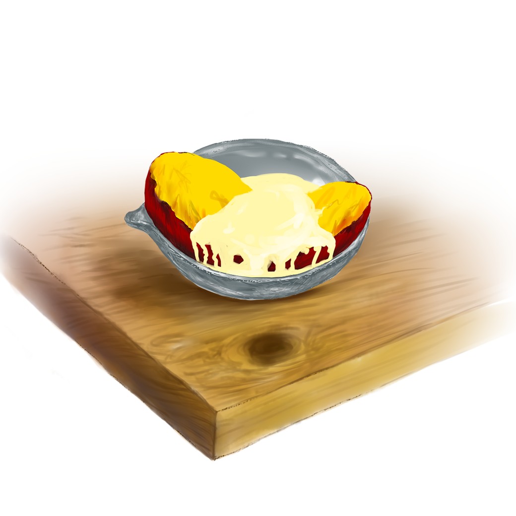 キッチンカウンターに置かれた焼きものの器に、輪切りの焼きいもと、溶けてスクープの形を留めなくなったアイス。