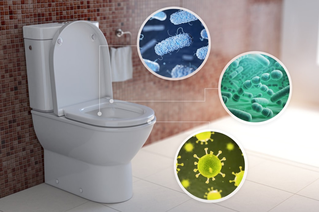 Toilet bowl with different types of bacteria, microbe and virus. Toilet hygiene infografic concep