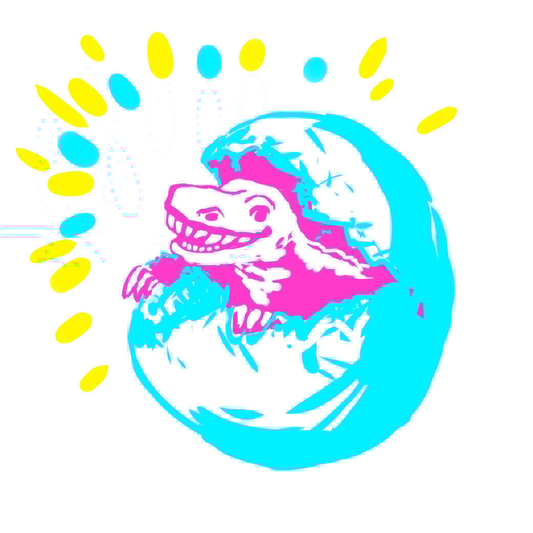 ポップでカラフルなタッチのイラスト。割れた卵から怪獣の赤ちゃんが顔を出している。
