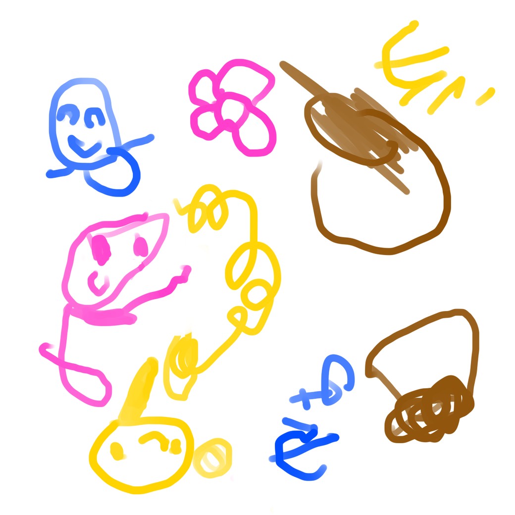 結衣と優亜がサインペンで描いた絵。人間とプリンらしきものが描かれている。