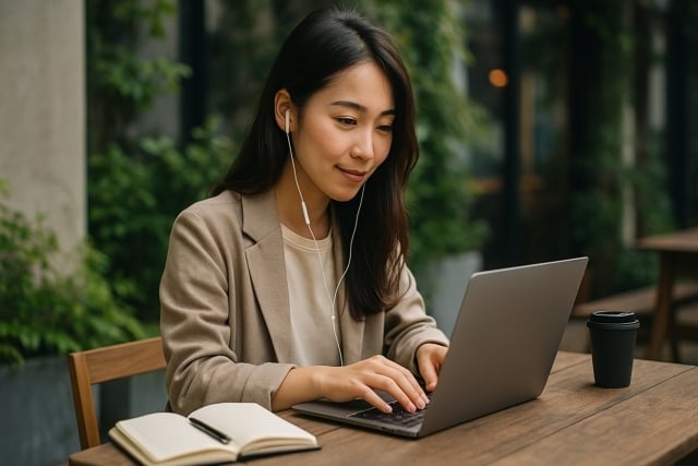 カフェでパソコンを操作する女性