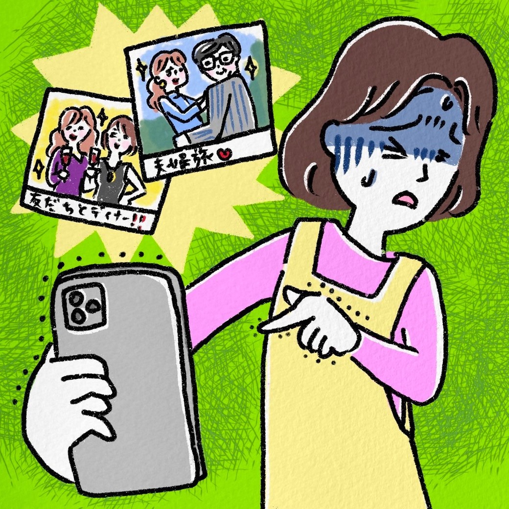 SNS疲れを感じる女性のイラスト