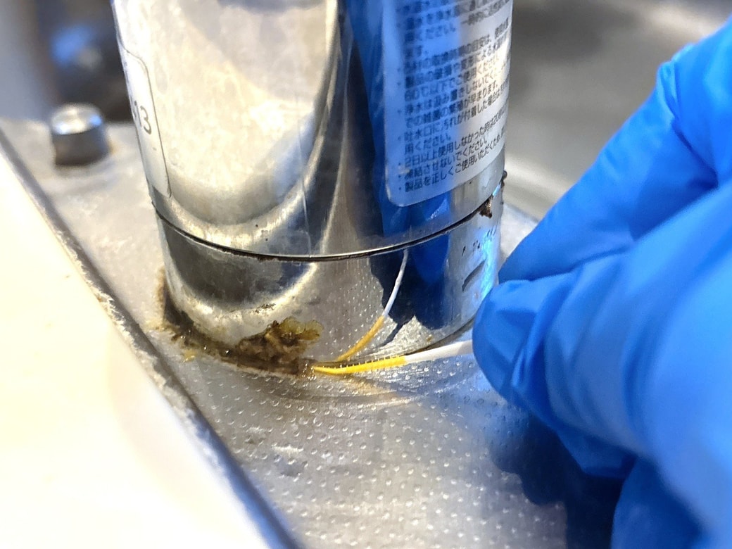 蛇口の根元を歯間ブラシでこする