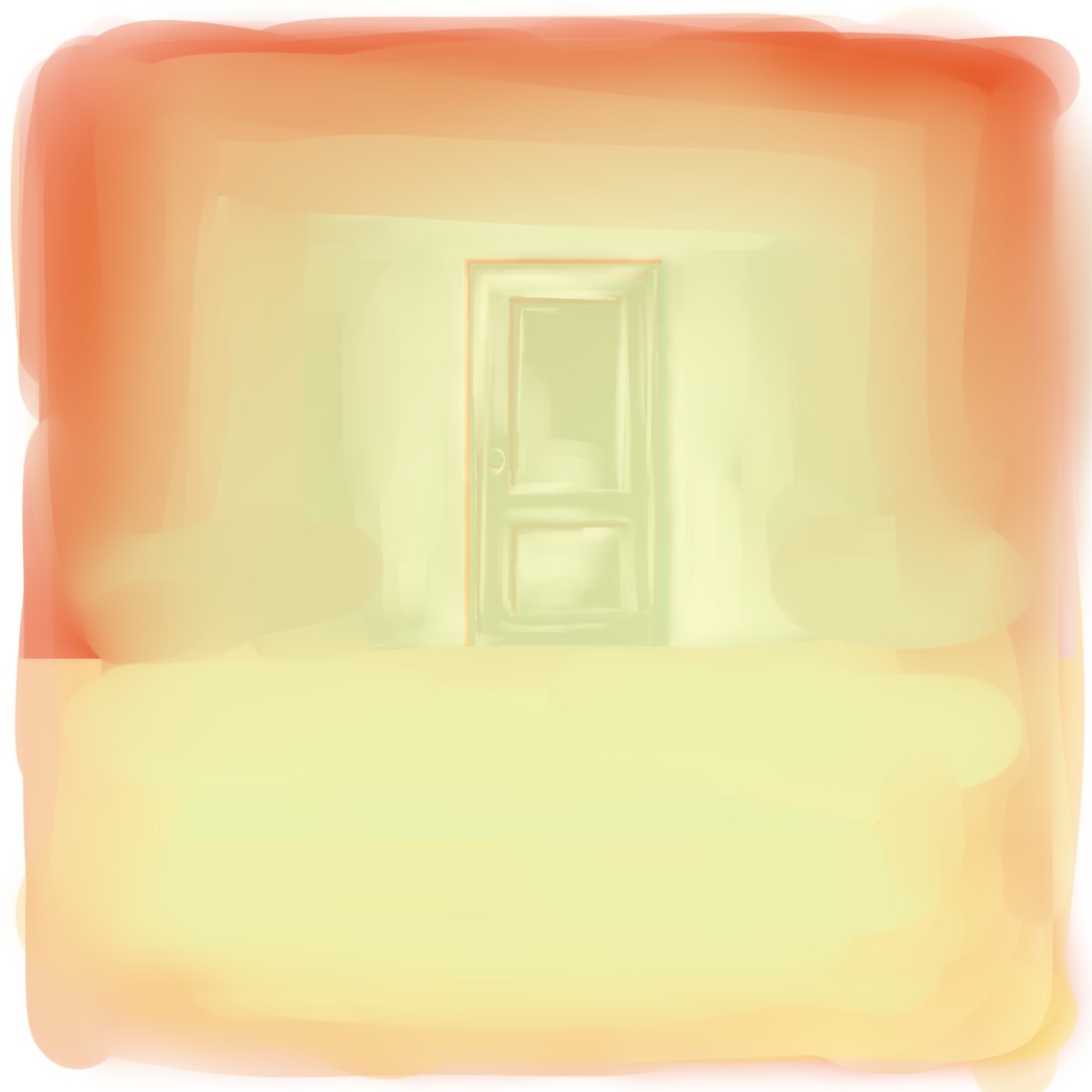 幻想的なイラスト。秋らしい暖色のオレンジのグラデーションの壁に取手のついたドア。ドアは閉まっている。