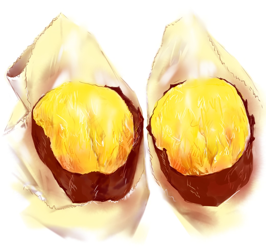 紙袋ごと二つに割った焼きいも