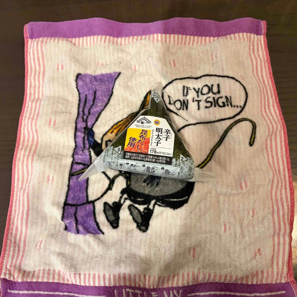 タオルの上におにぎりを置いているところ