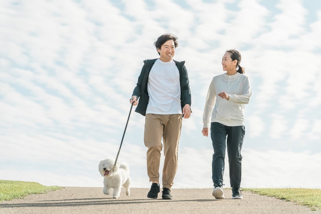 犬の散歩をする夫婦