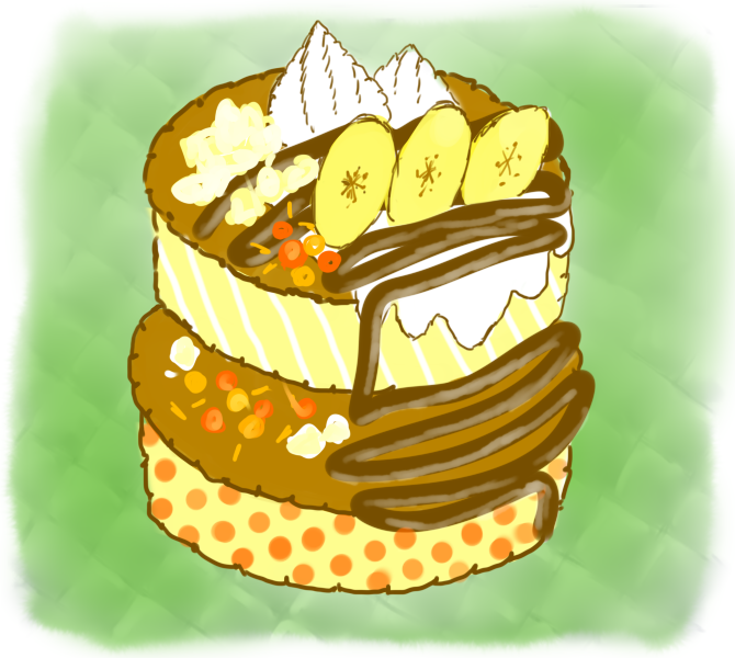 グリーンの布背景にパッチワークで描いたバナナチョコレートパンケーキ