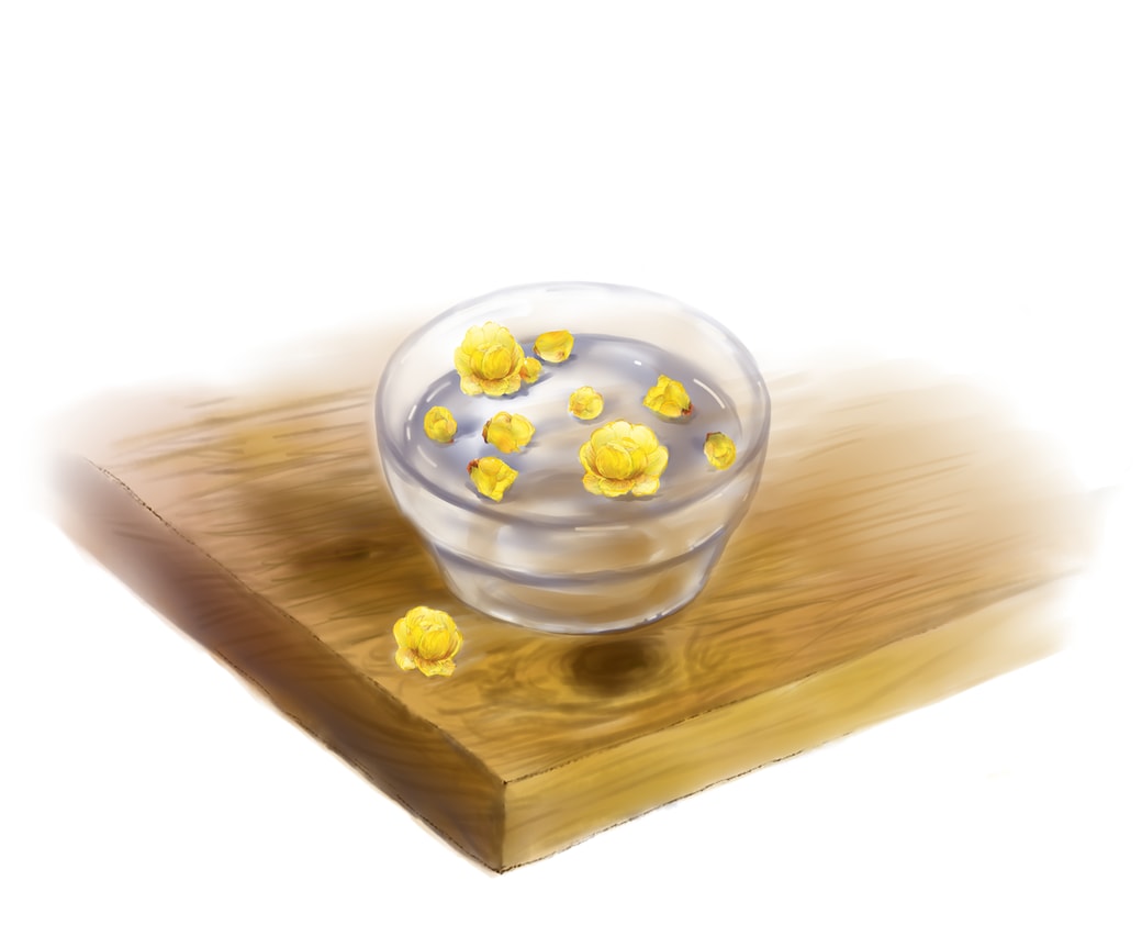 千佳子の家のキッチンカウンターに置かれたガラスの器に蝋梅の黄色い花が浮かべられている。