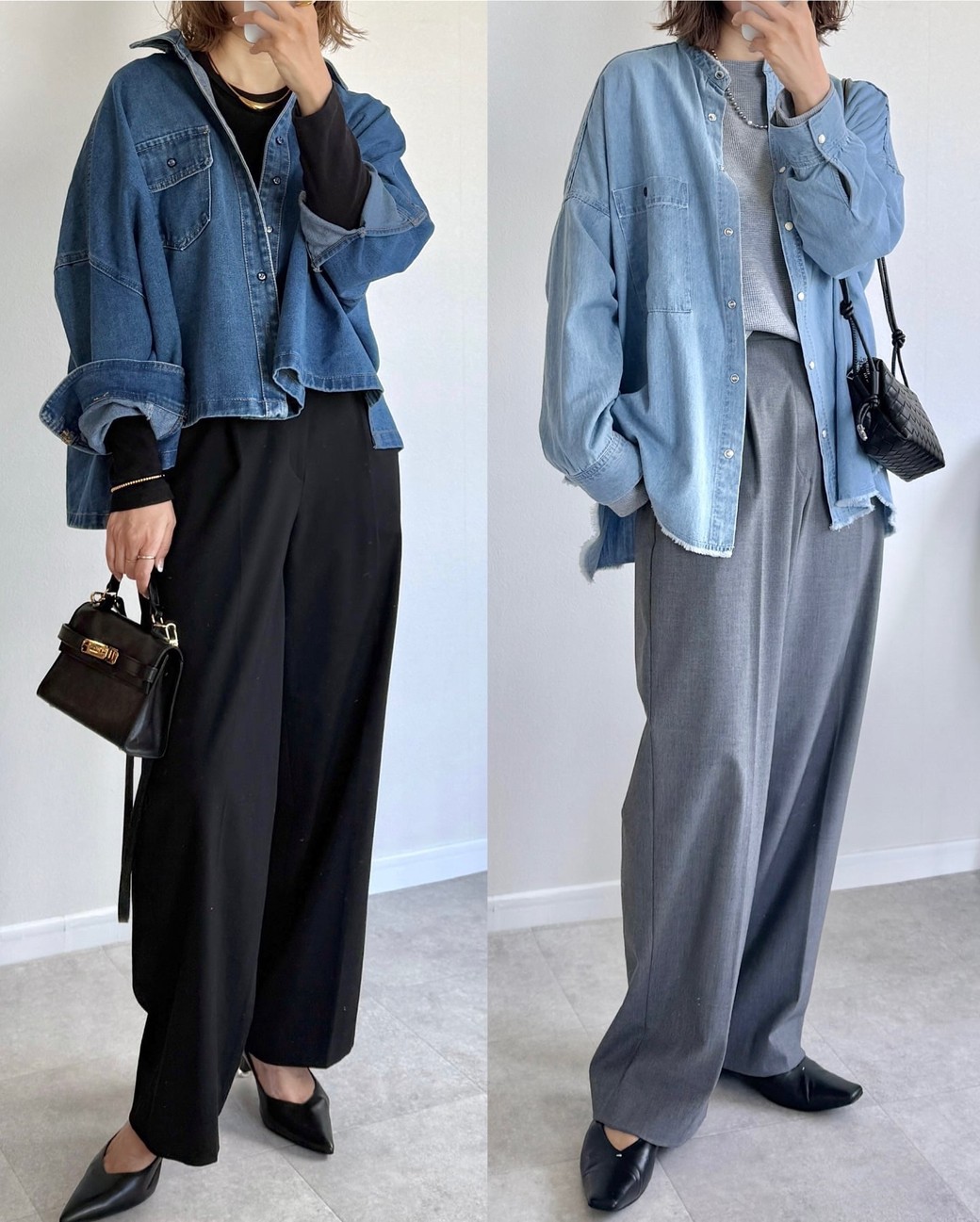 デニムシャツ×ワイドパンツは相性抜群で失敗知らず。