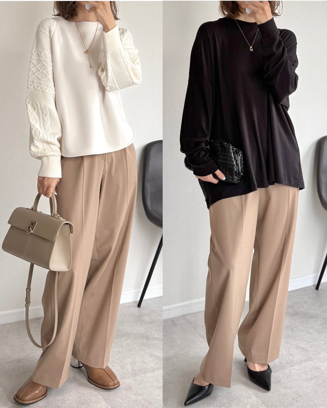 ベージュのワイドパンツならフェミニン＆上品な印象に。