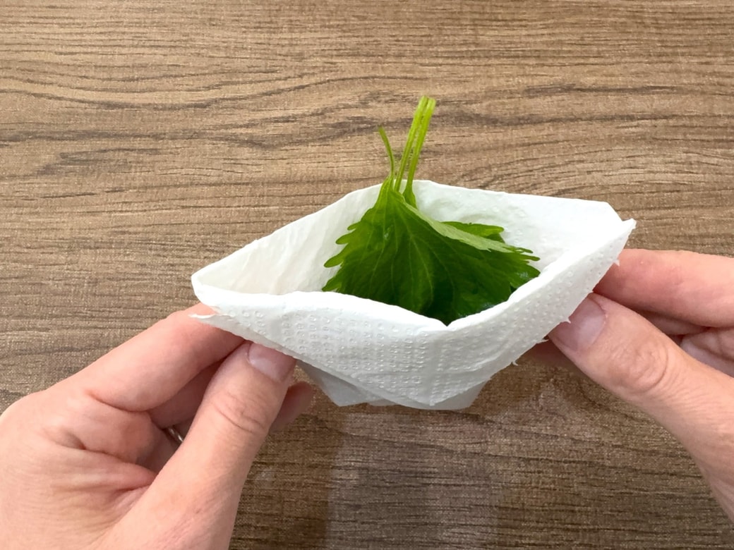 キッチンペーパーをコップ型に折り、大葉の水切りに使う