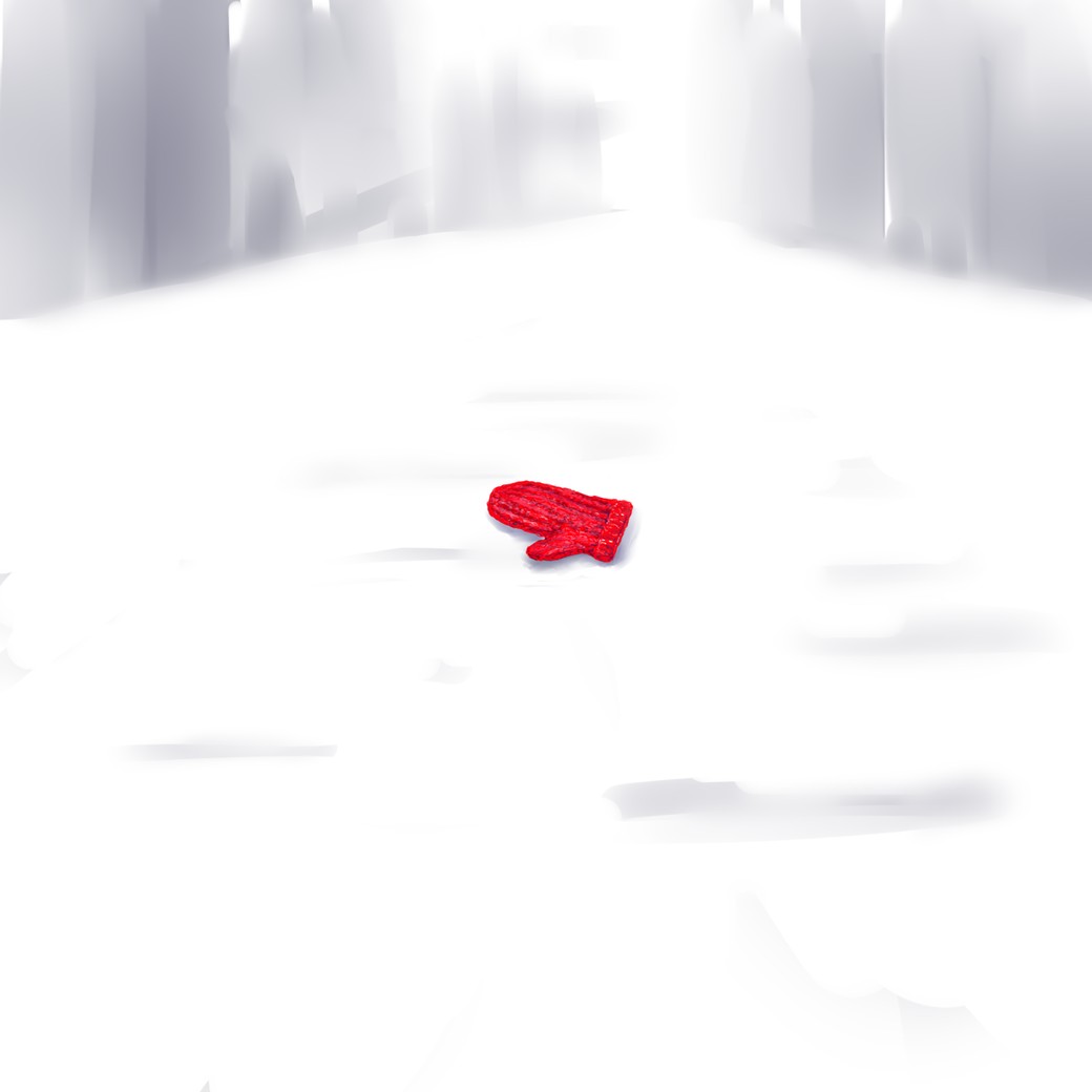 手編みのような赤い毛糸の手袋。積もった雪の上に片方だけ落ちている。