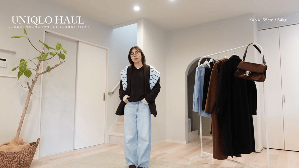 ニットフリース×デニムのカジュアルコーデ