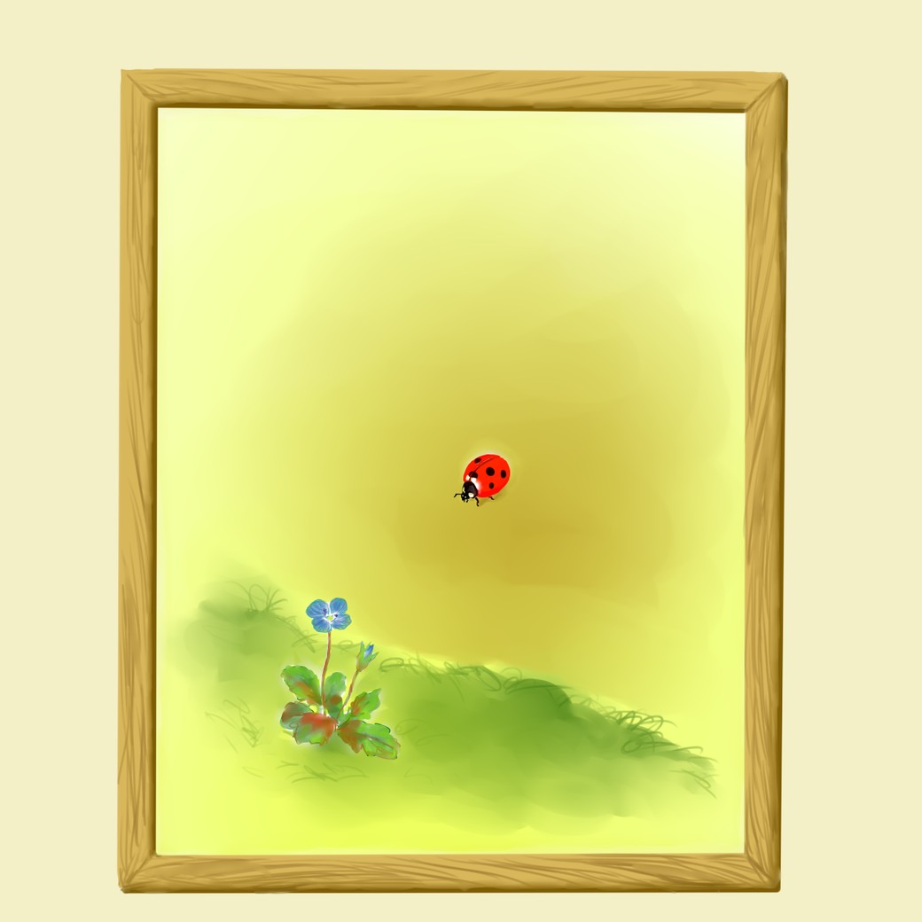 病院の淡い黄色の壁に飾られた、ナチュラルな木の額縁に納められた絵。近づいた麻希からの見た目。土の上のてんとう虫が青い花に近づいている。