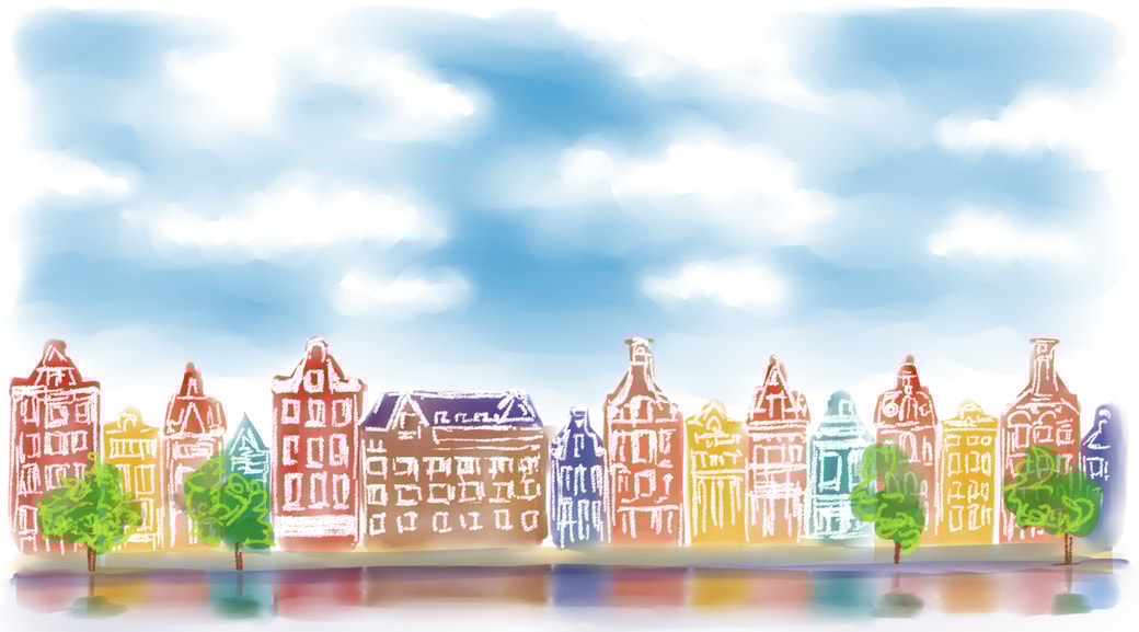 アムステルダムの野間さんのアパートから見た街並み。運河の向こうに建ち並ぶアパートの上に大きな空が広がっている。