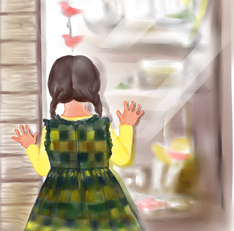 洋品店のショーウインドウから店内を見ている優亜の後ろ姿。お下げの髪を左右に垂らし、佐藤千佳子の娘・文香のお下がりのチェックのワンピースを着ている。中に着ている玉子色の長袖シャツは天使の羽をつけたときに着ていたもの。