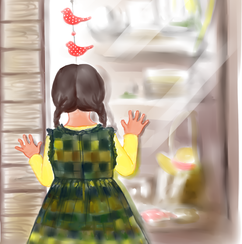 優亜が作るおはなしを聞いた直美の頭の中で膨らんだイメージ。水玉模様の衣装を着た鳥たち。マダムさんがモデルの鳥はメガネをかけ、波紋のようなドレープのあるゆったりした服を着ている