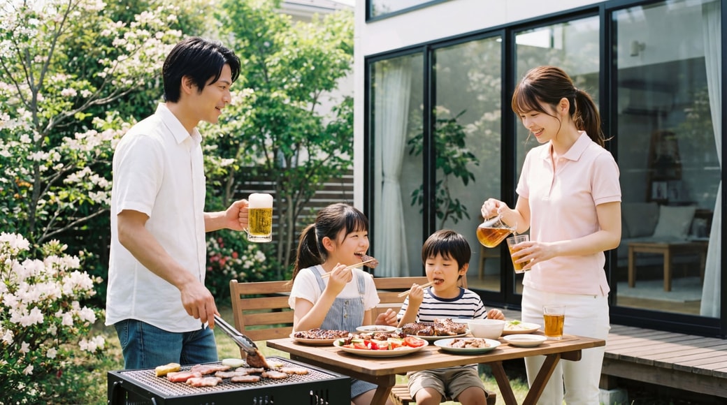 BBQをする家族