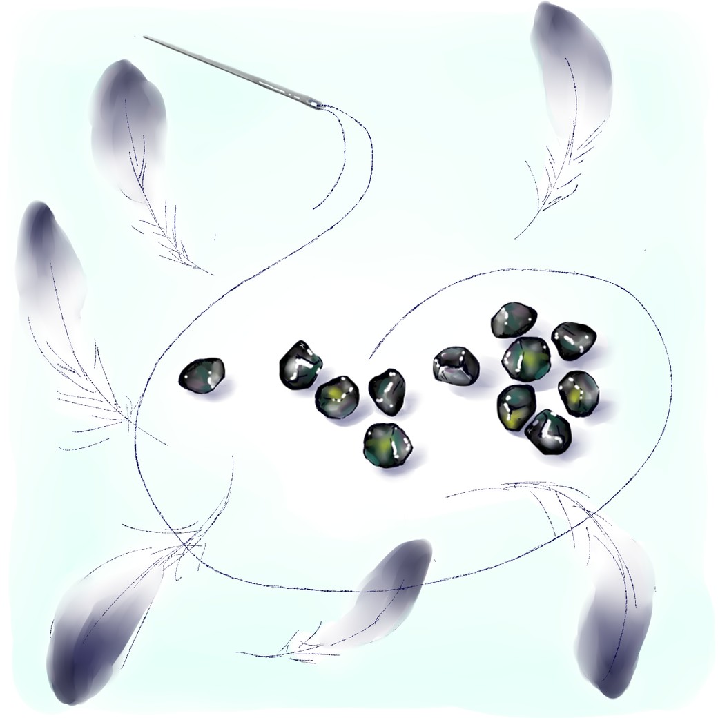 艶々と黒く輝く胆石の粒を、針に通した黒い刺繍糸が囲む。糸の周りに麻希がイメージを膨らませたカラスのような羽が舞う。