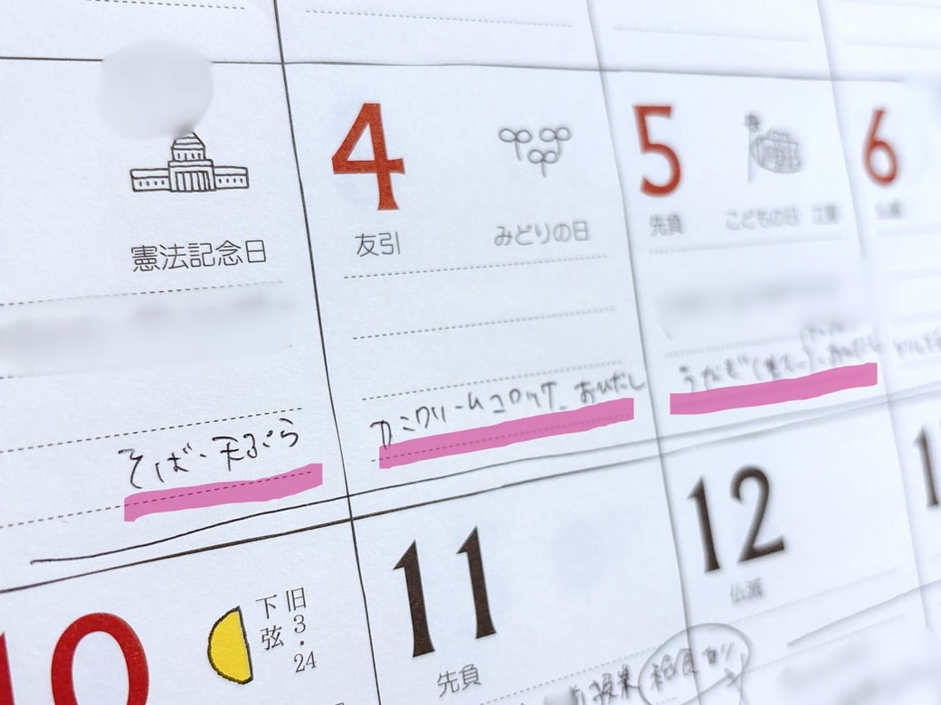 カレンダーに書いた、なぐり書きの献立