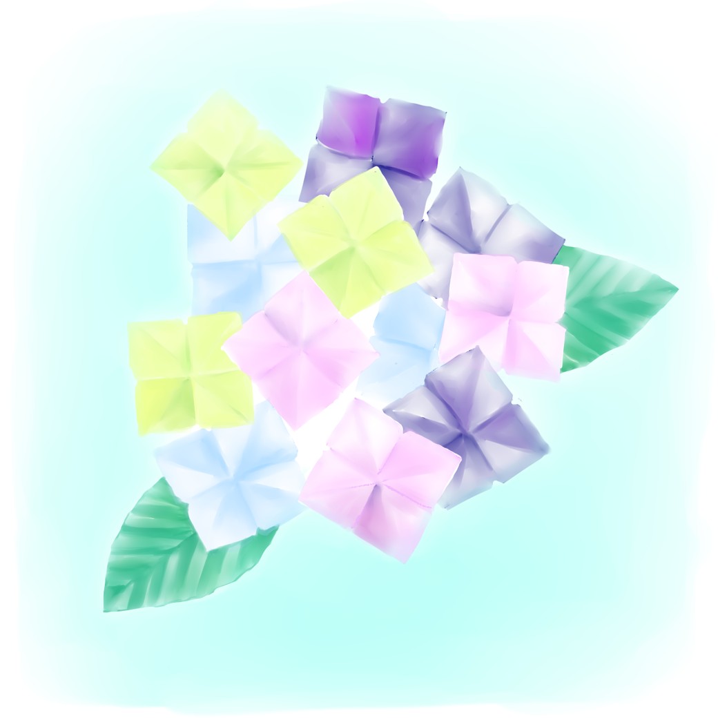 色とりどりの折り紙で折った紫陽花。