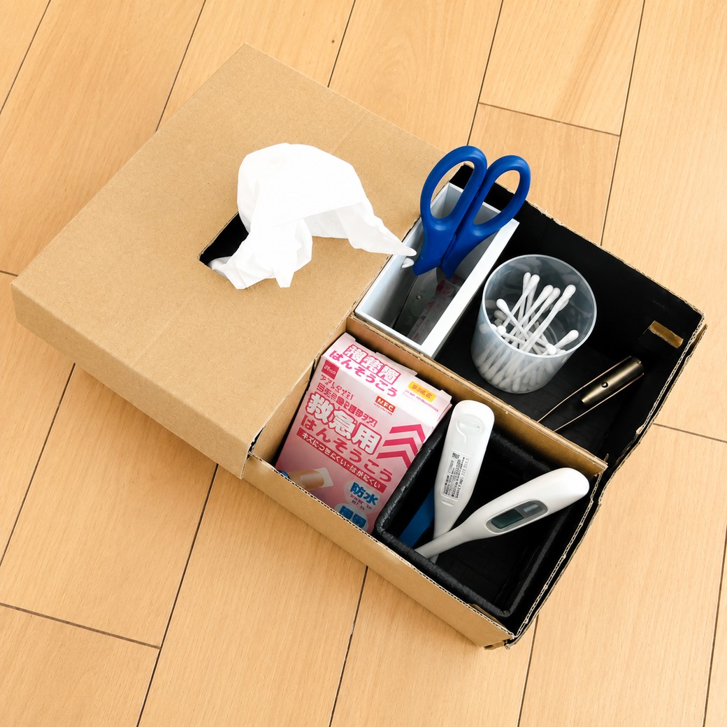 袋入りティッシュを入れた靴の空き箱