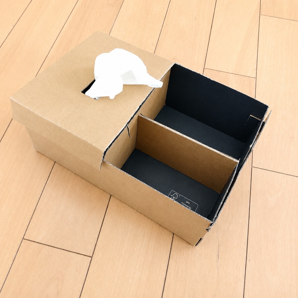 袋入りティッシュを入れた靴の空き箱